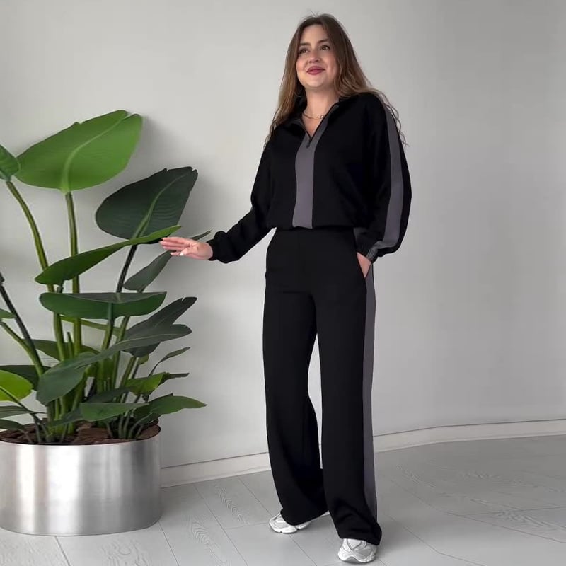 Naotstore - Women's Zipper Lapel Tops & Pants 2-Piece Set