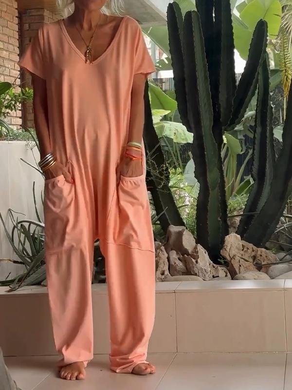 Naotstore - Casual V-neck Solid Color Jumpsuit
