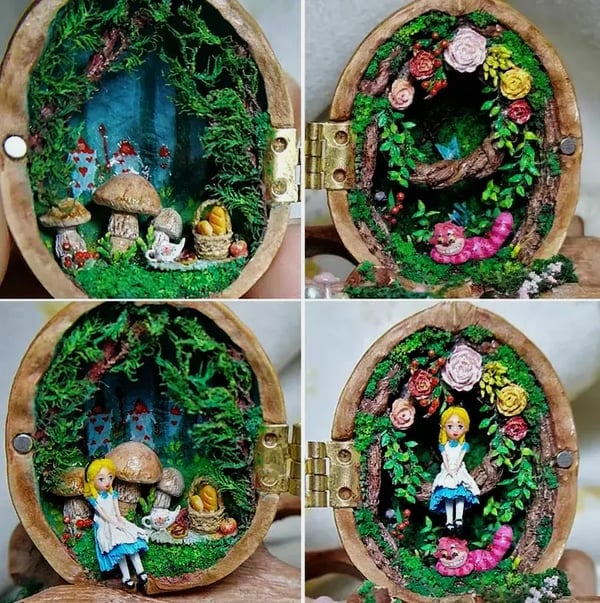š Handmade.Walnut Shell Doll House--mini library, tiny World inside walnuts