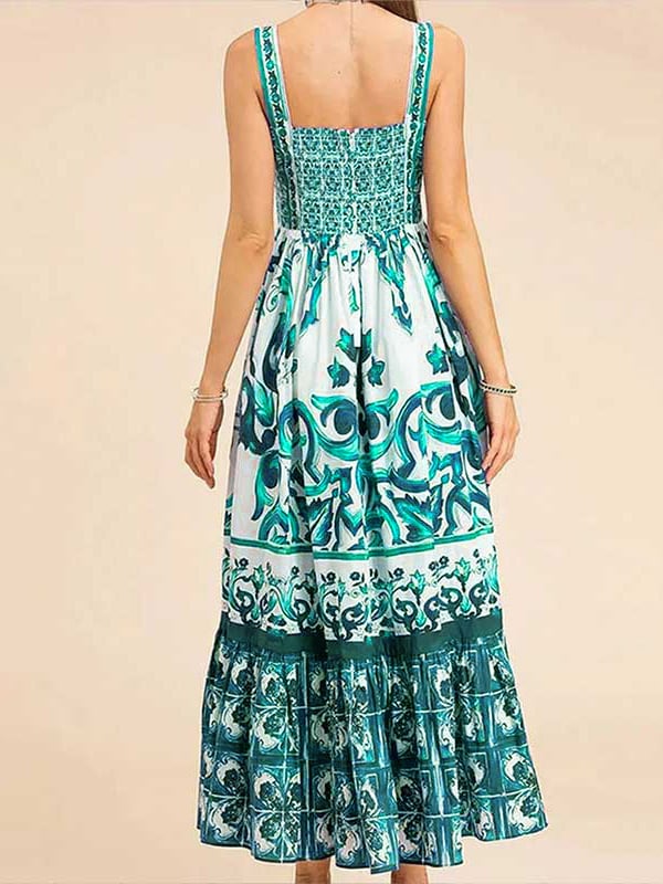 Naotstore - Stunning Floral Print Suspender Patchwork Maxi Dress
