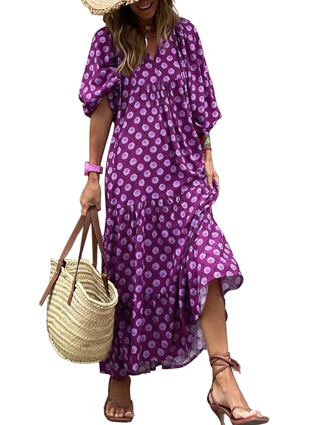 Naotstore - Women's Puff Sleeve Floral Boho Maxi Dress
