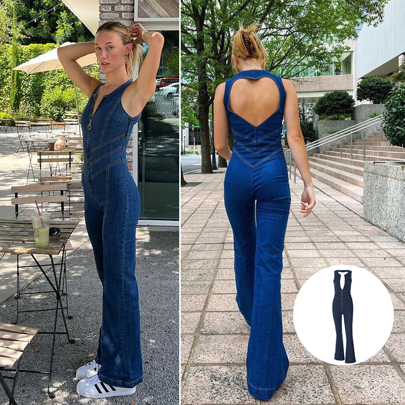 Naotstore - Heart Shaped Backless Denim Jumpsuit