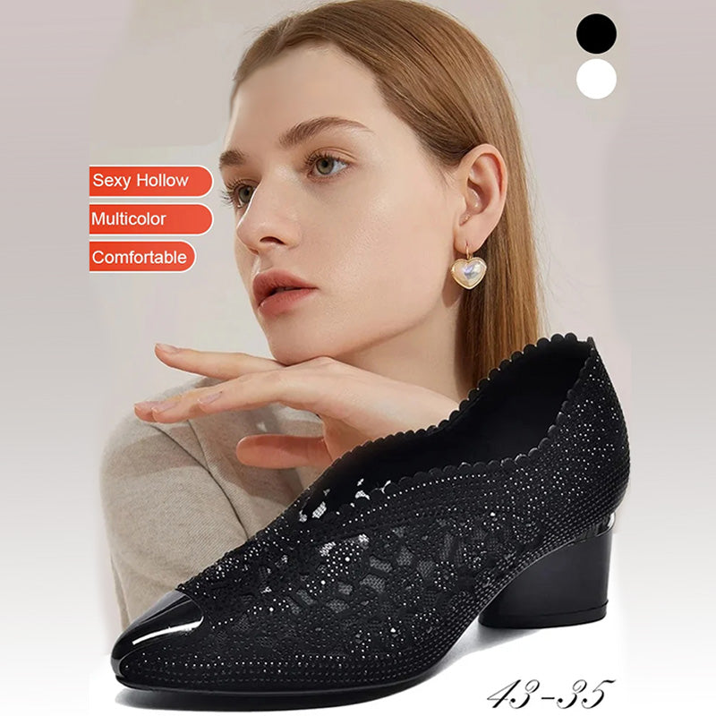 Naotstore - Hollow mesh sandals with rhinestone and chunky heel