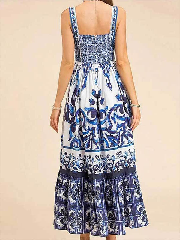 Naotstore - Stunning Floral Print Suspender Patchwork Maxi Dress
