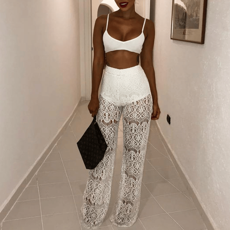 Naotstore - Lace Floral High Waist Sheer Pants