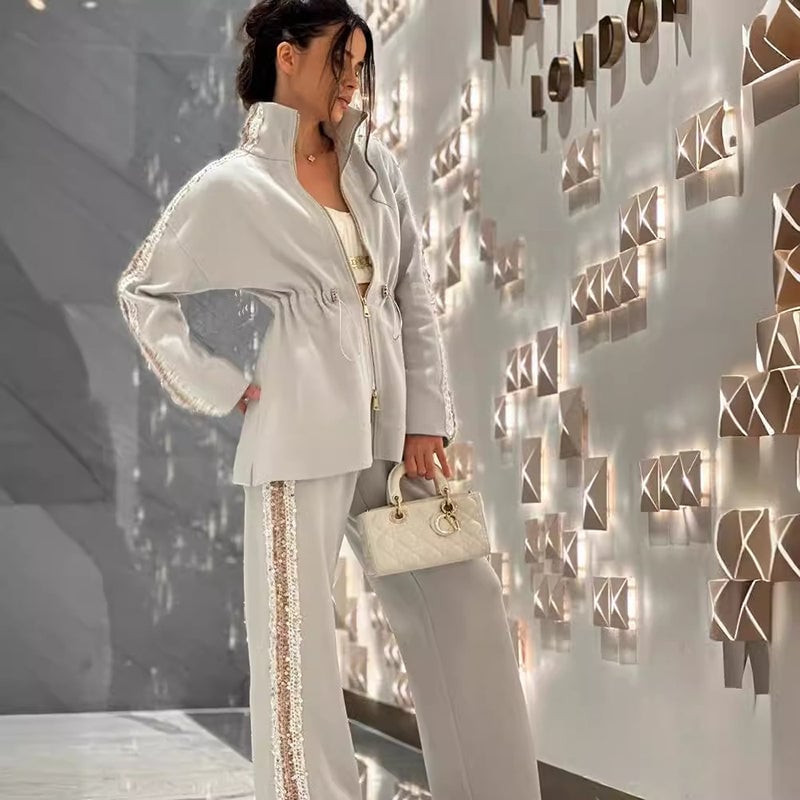 Naotstore - Elegant Sequin-Trimmed Top and Wide-Leg Pants 2-Piece Set