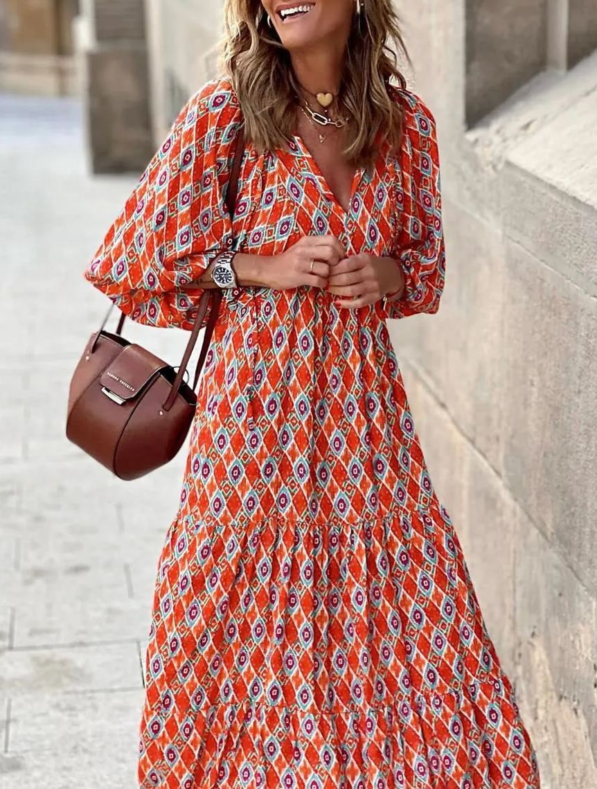 Naotstore - Women's Puff Sleeve Floral Boho Maxi Dress