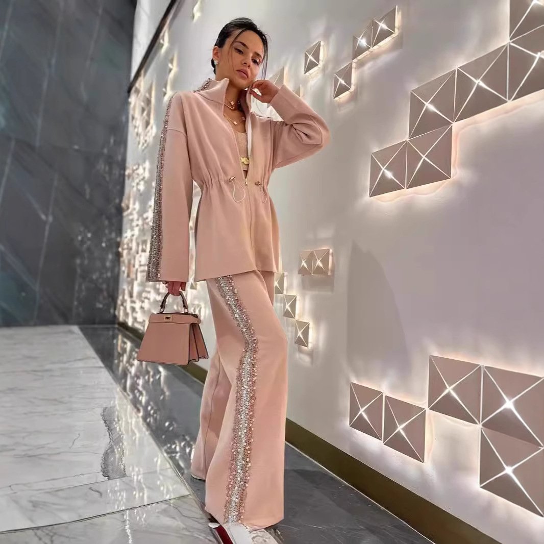Naotstore - Elegant Sequin-Trimmed Top and Wide-Leg Pants 2-Piece Set