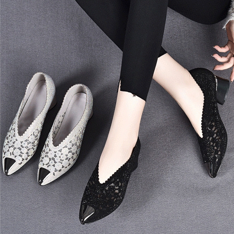 Naotstore - Hollow mesh sandals with rhinestone and chunky heel