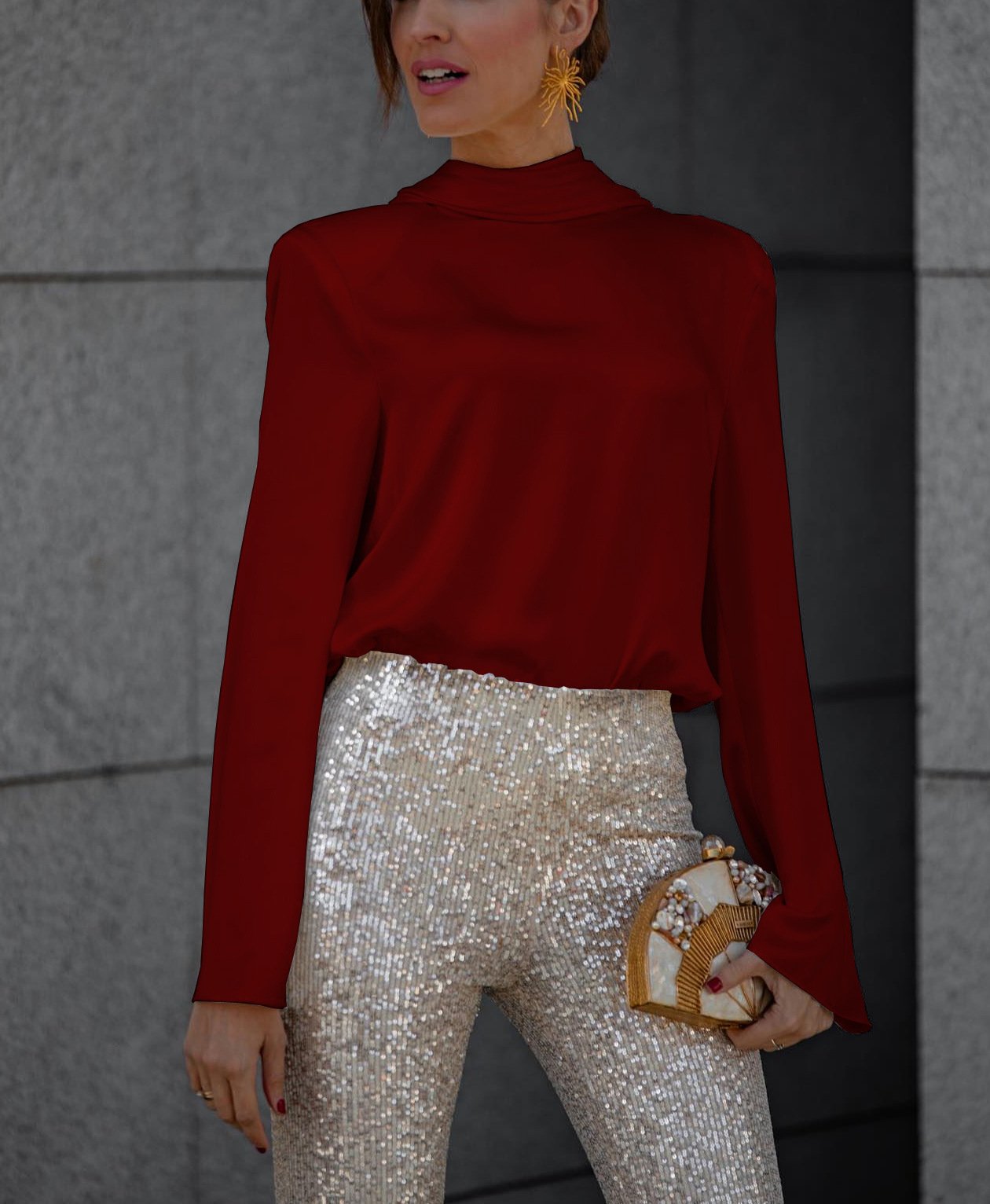 Naotstore - Satin Back Chain Cowl Neck Shirt & Sequined Slim Fit Flare Pants