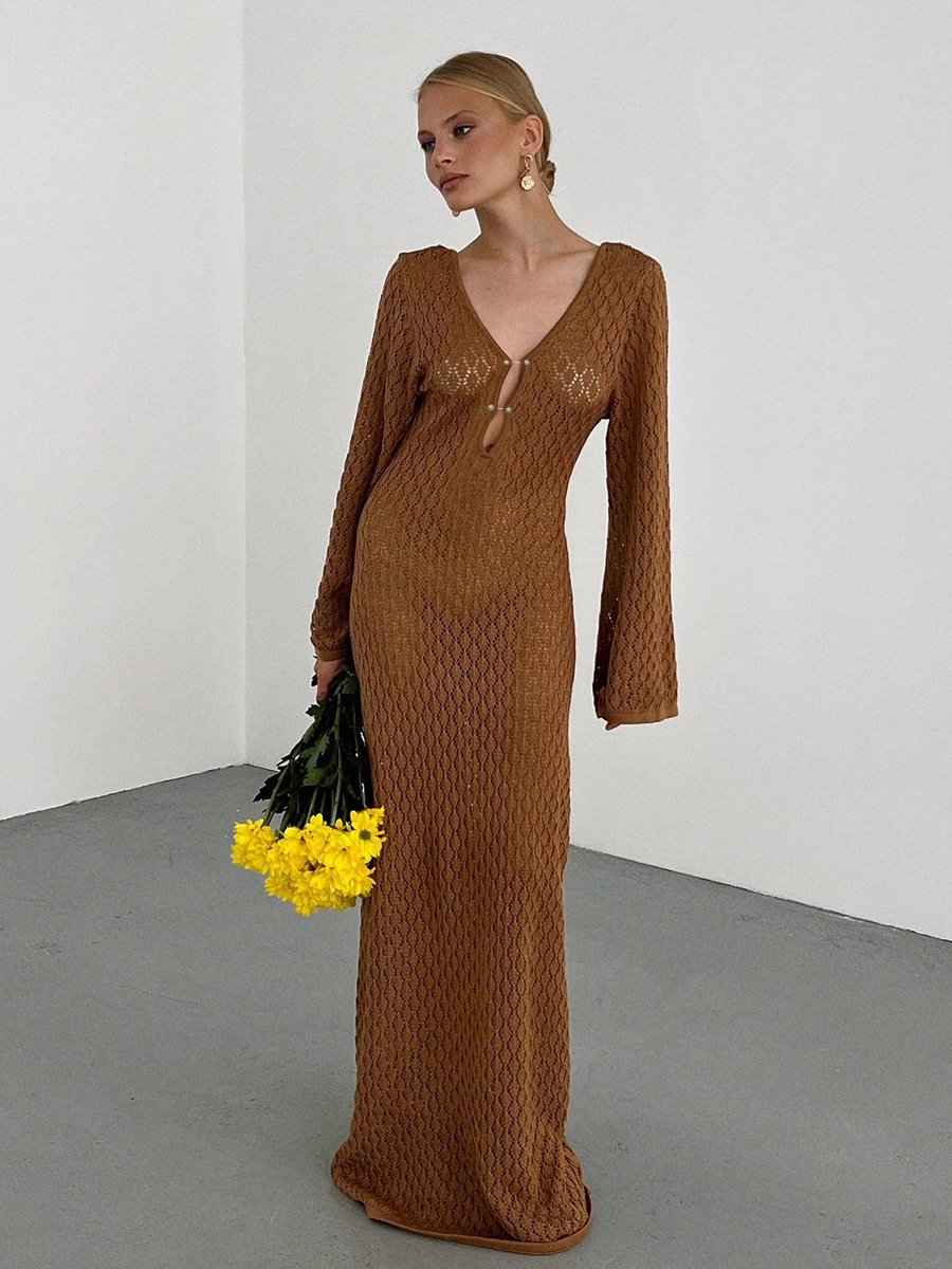 Naotstore - Crochet Fishtail Flare Sleeve Maxi Dress