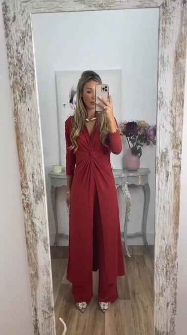 š„Specials this week - Soft texture casual all-in-one long-sleeved slim V-neck long top and straight trousers two-piece set - naotstore