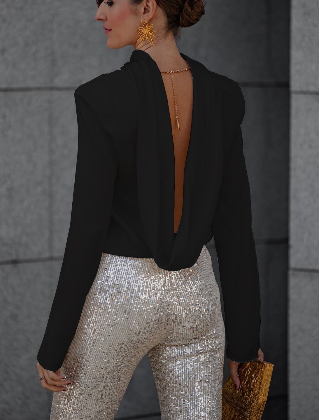 Naotstore - Satin Back Chain Cowl Neck Shirt & Sequined Slim Fit Flare Pants