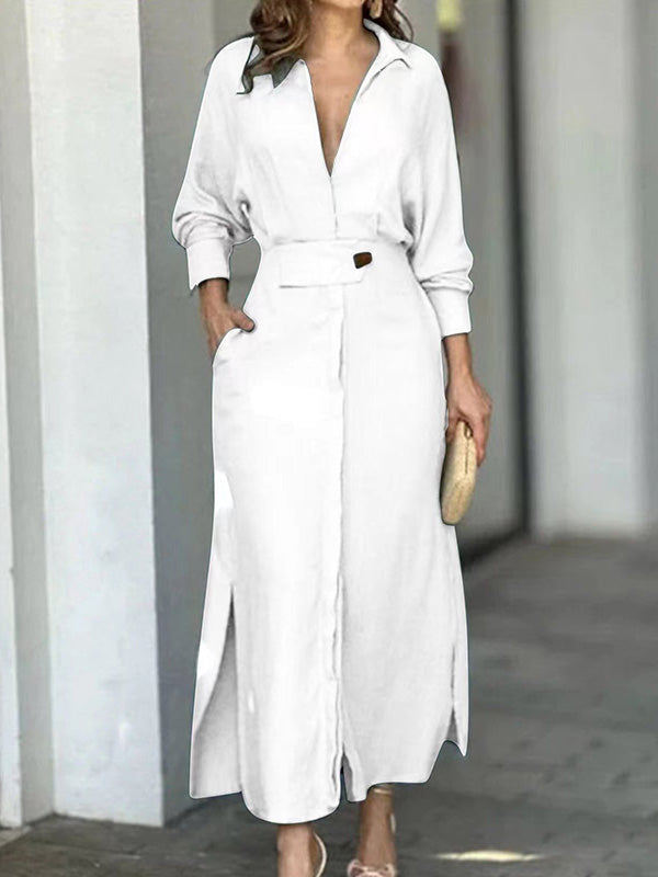 Naotstore - Fashion Cotton Linen Solid Color V-neck Dress