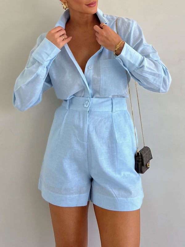 Naotstore - Women's Casual Linen Blouse and Shorts Set