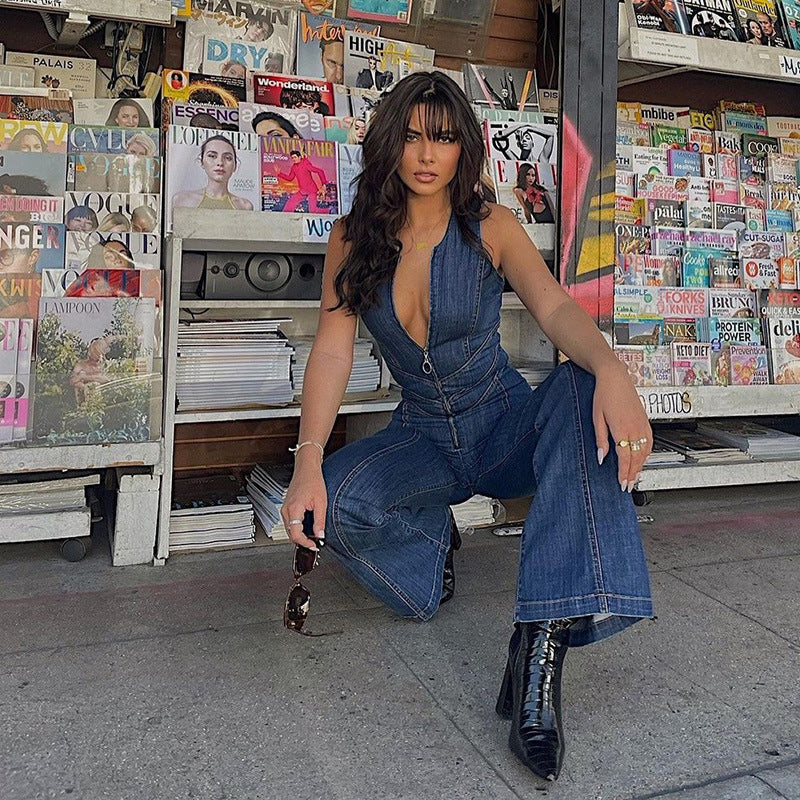 Naotstore - Heart Shaped Backless Denim Jumpsuit
