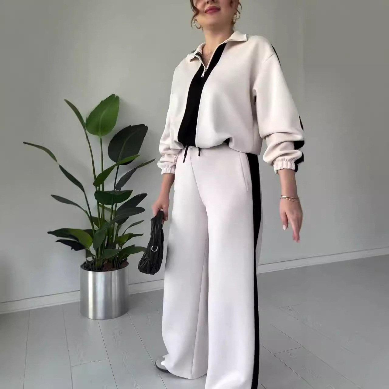 Naotstore - Women's Zipper Lapel Tops & Pants 2-Piece Set