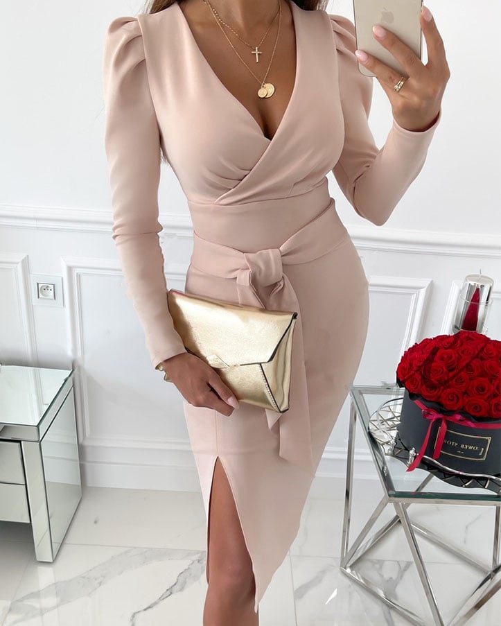 Naotstore - Women's Solid Color V-neck Tight Dress