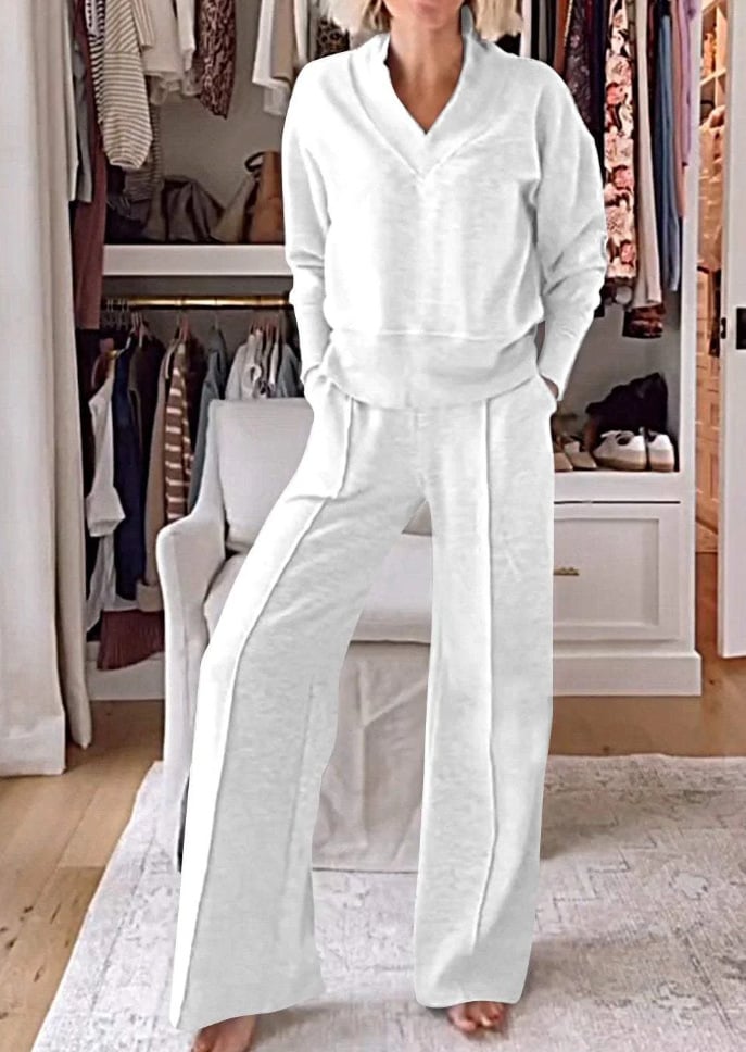 Naotstore - Women's Solid Color V-neck Top & Pants Two-piece Set-II