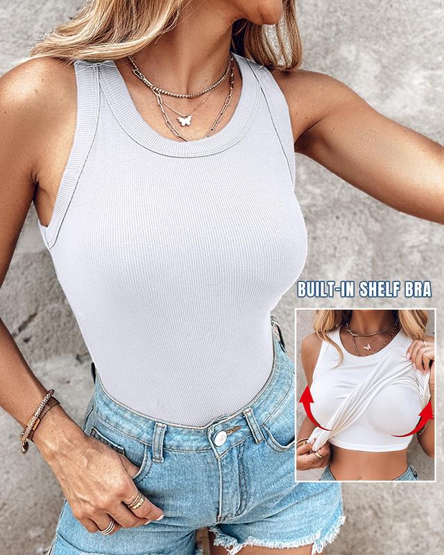 Naotstore - Round Neck Ribbed Tank Top With Built-in Bra
