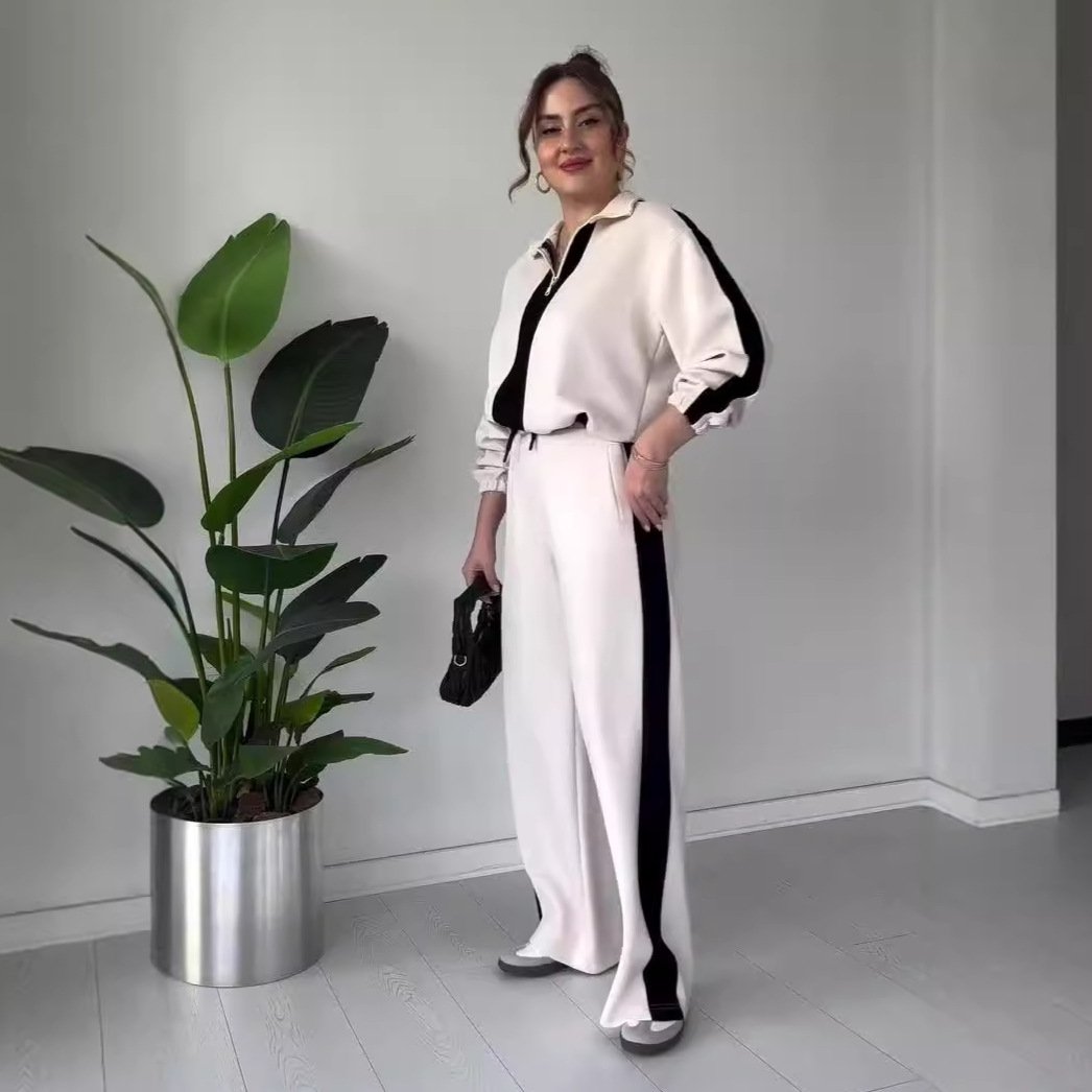 Naotstore - Women's Zipper Lapel Tops & Pants 2-Piece Set