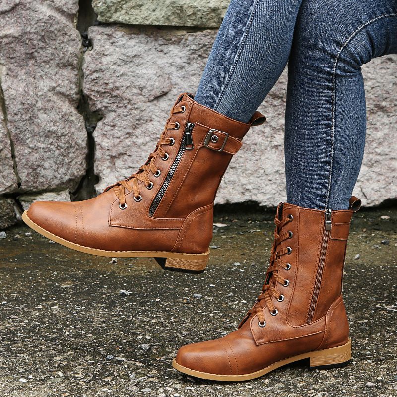 Naotstore - Women's Round Toe Side Zipper Leather Orthopedic Boots
