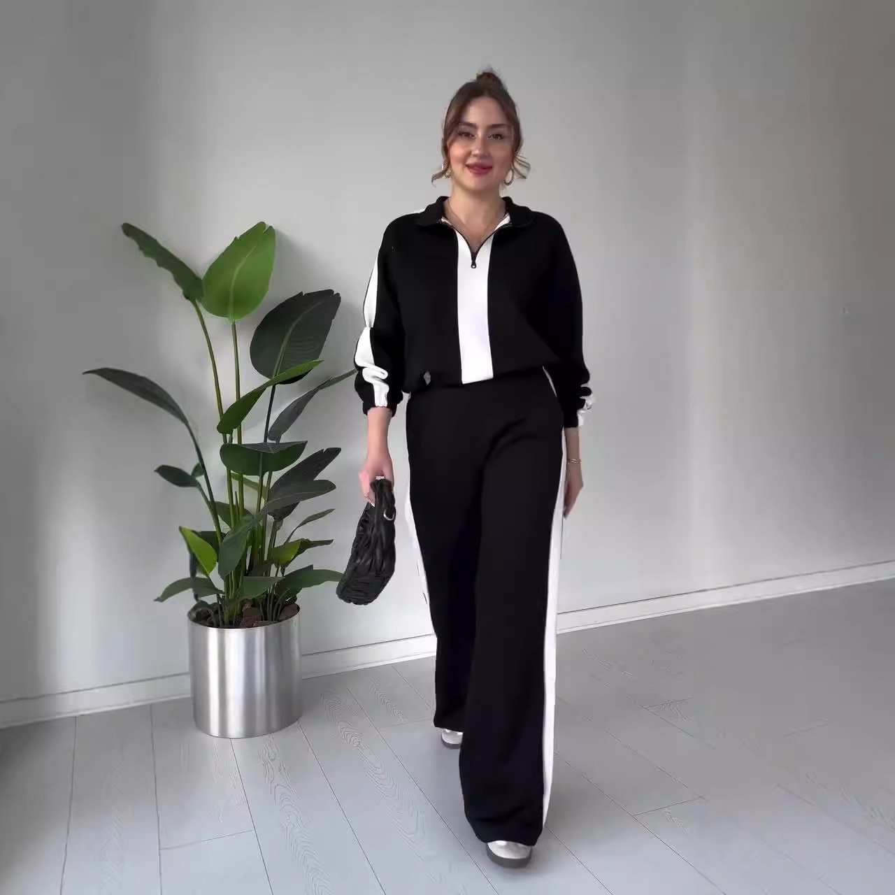 Naotstore - Women's Zipper Lapel Tops & Pants 2-Piece Set