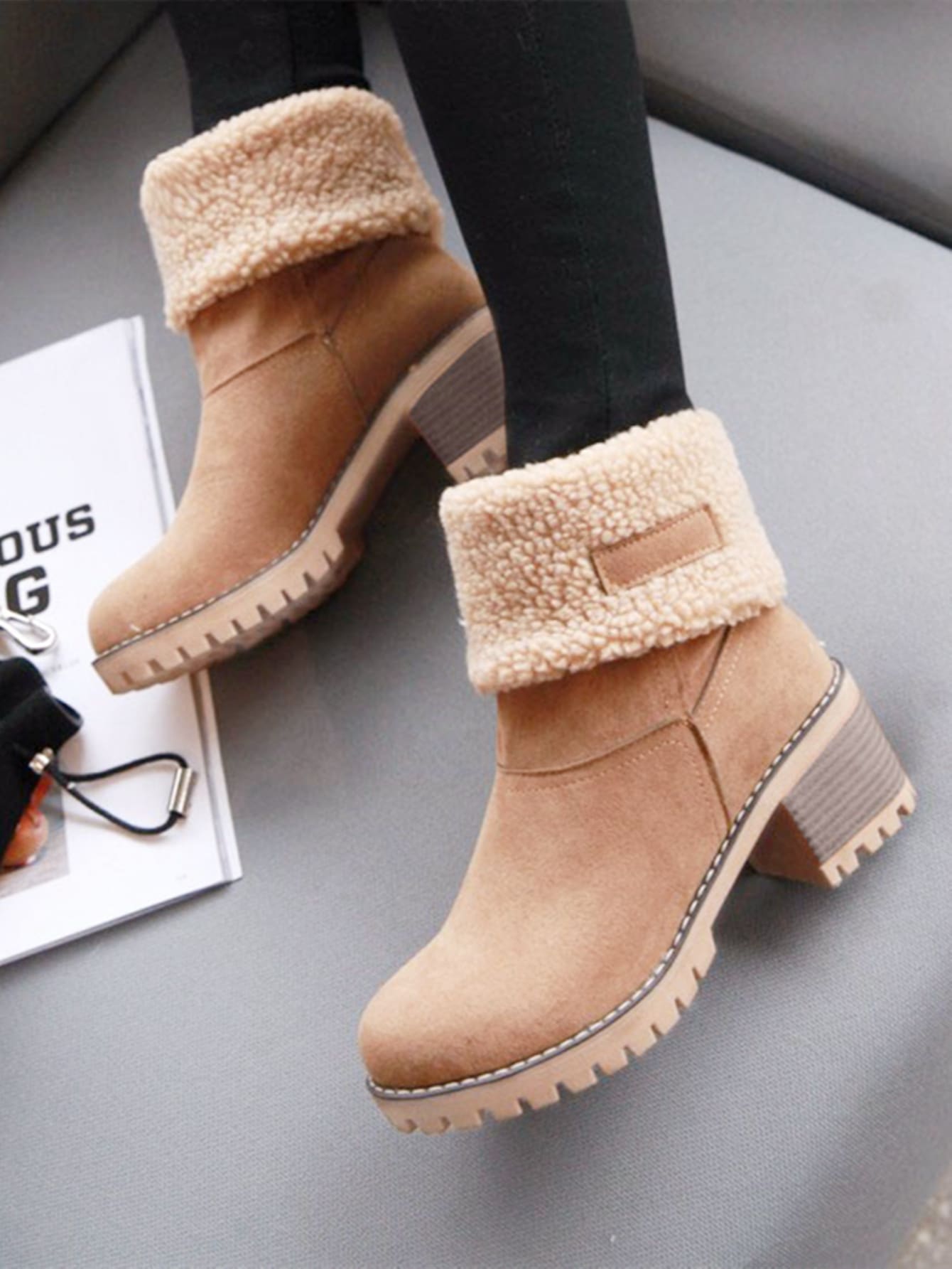 Naotstore - Suedette Cotton Lining Chunky Heeled Snow Boots
