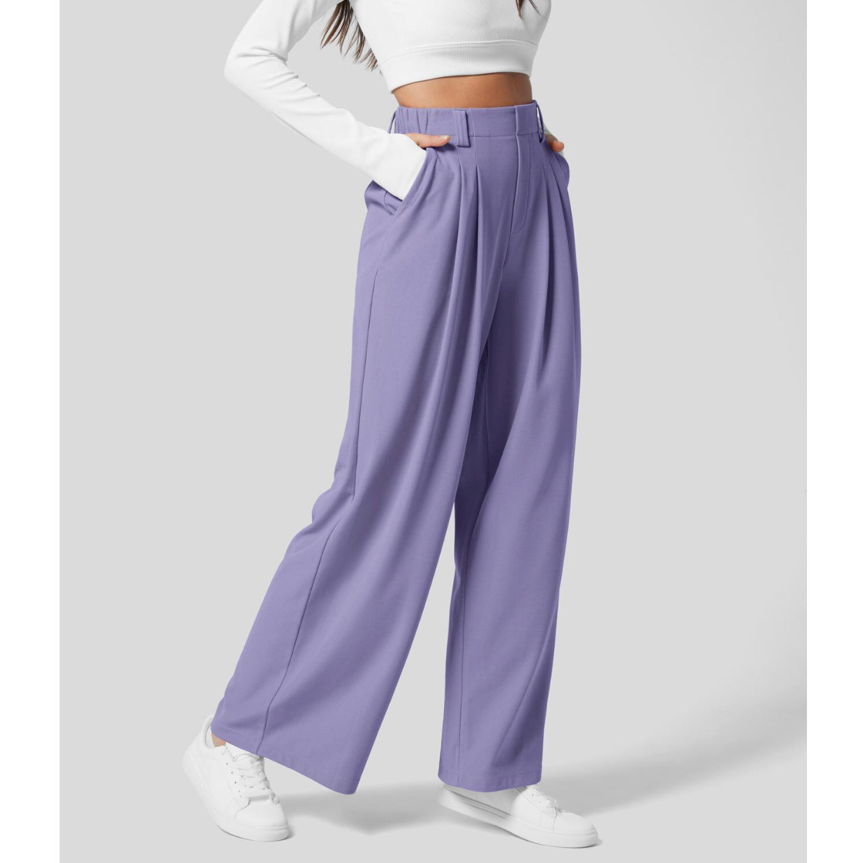 Naotstore - High Waisted Plicated Side Pocket Wide Leg Waffle Casual Pants