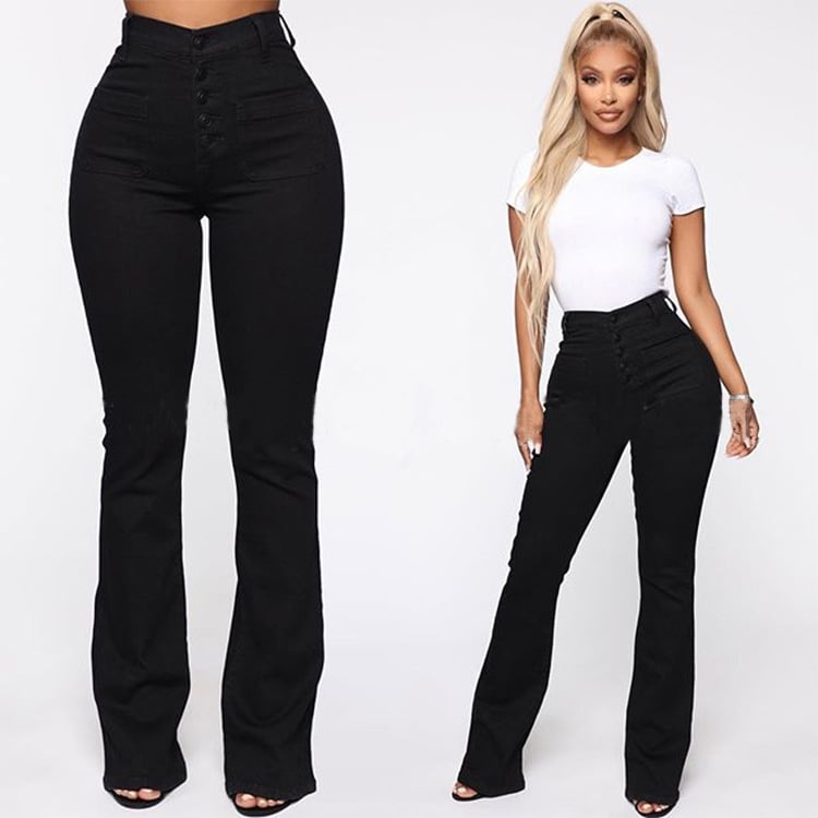 Naotstore - Button Fly Booty Shaping High Waist Flare Jeans