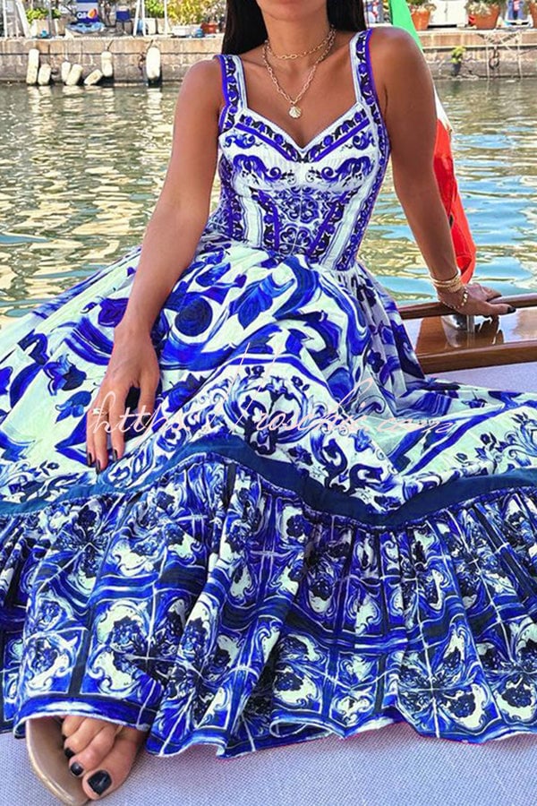 Naotstore - Stunning Floral Print Suspender Patchwork Maxi Dress