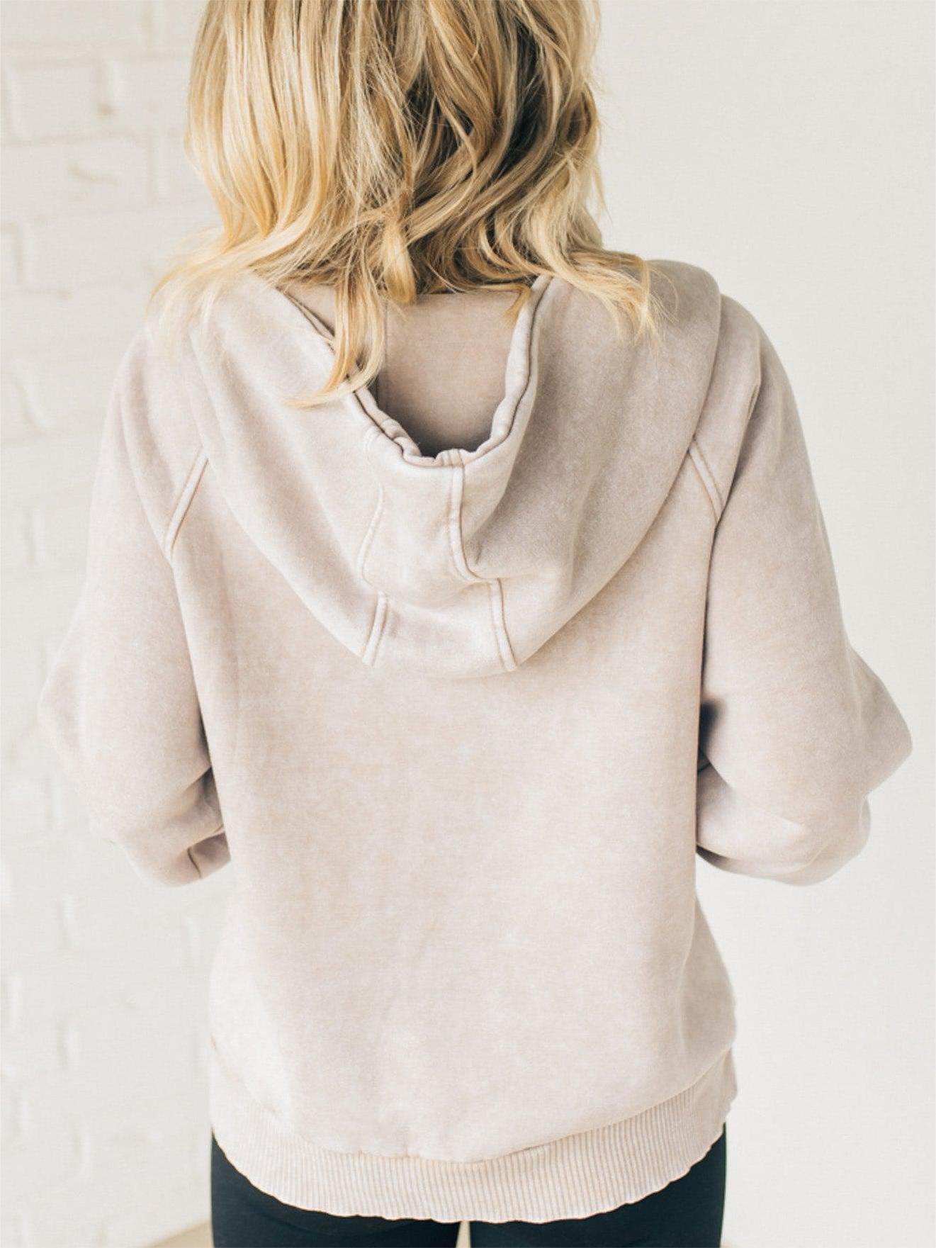 Naotstore - Women's Zip Henley Acid Wash Fleece Hoodie