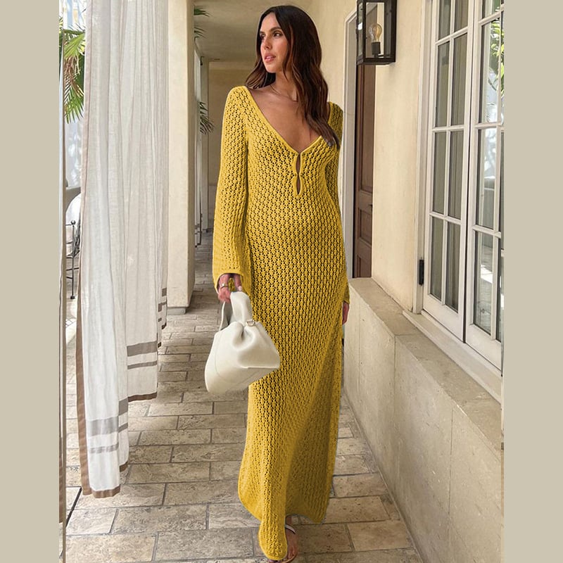 Naotstore - Crochet Fishtail Flare Sleeve Maxi Dress