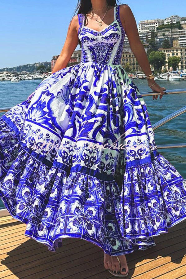 Naotstore - Stunning Floral Print Suspender Patchwork Maxi Dress