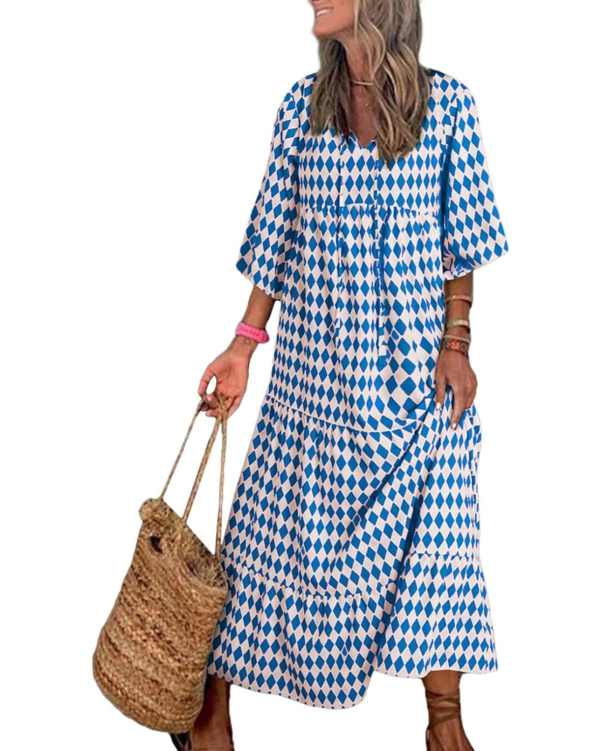 Naotstore - Women's Puff Sleeve Floral Boho Maxi Dress
