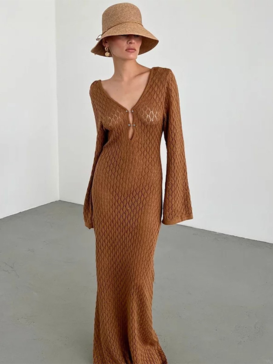 Naotstore - Crochet Fishtail Flare Sleeve Maxi Dress