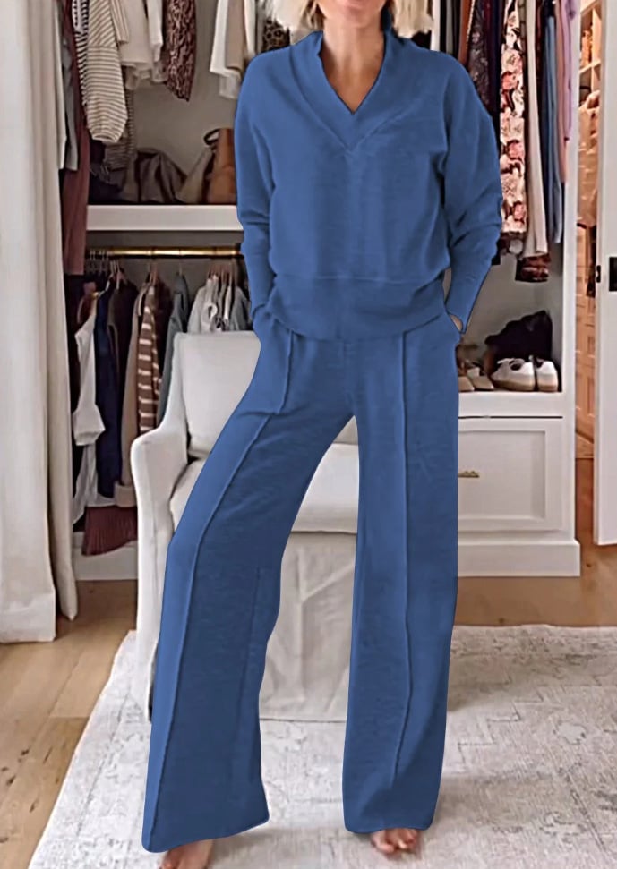 Naotstore - Women's Solid Color V-neck Top & Pants Two-piece Set-II