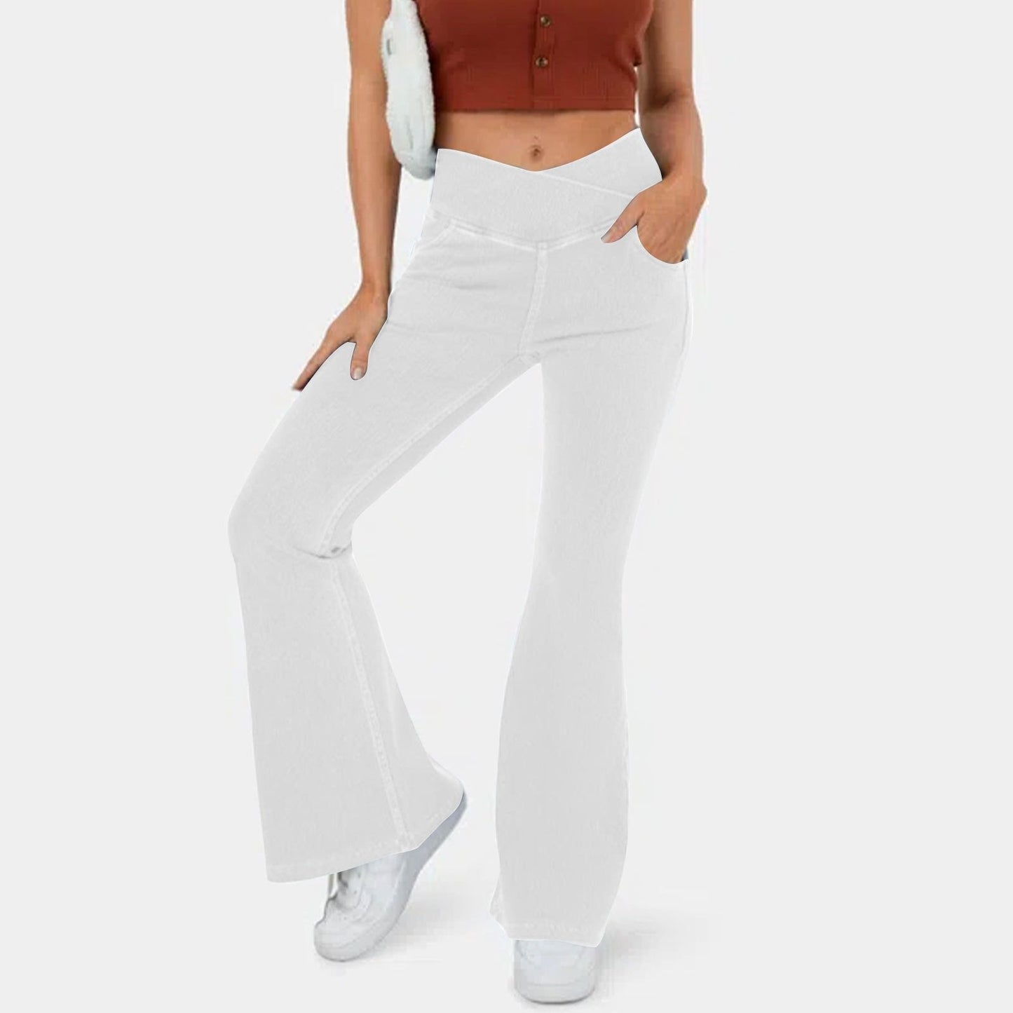 Naotstore - Stretchy Denim High Waisted Crossover Flare Pants