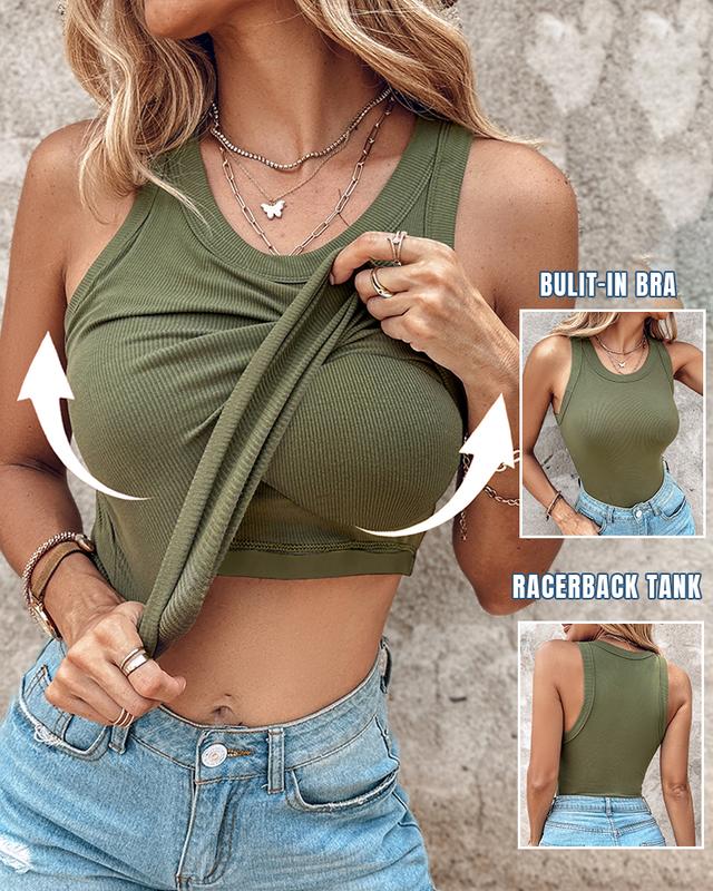 Naotstore - Round Neck Ribbed Tank Top With Built-in Bra