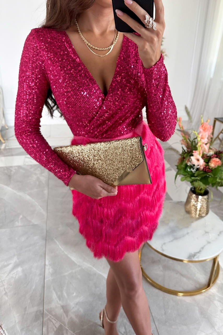 Naotstore - Sequined Patchwork Layered Fringed Mini Dress