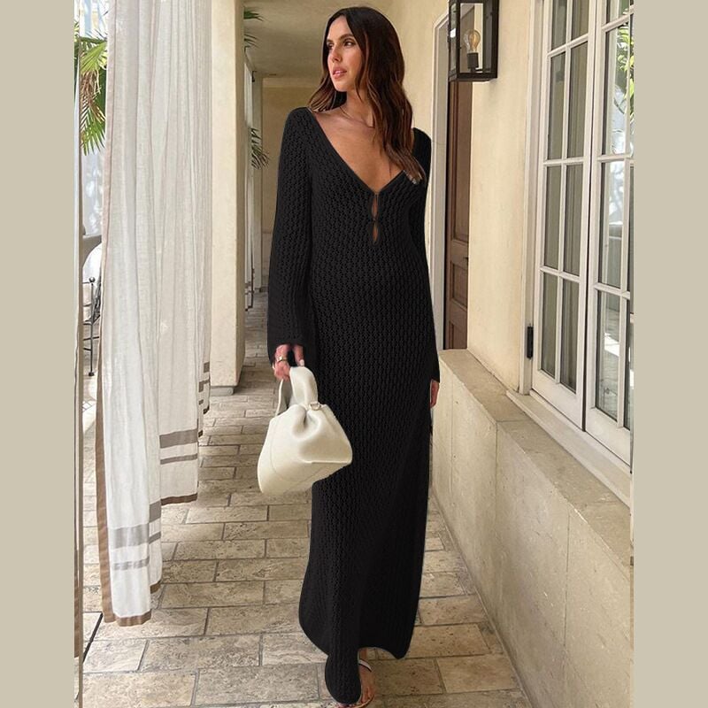 Naotstore - Crochet Fishtail Flare Sleeve Maxi Dress