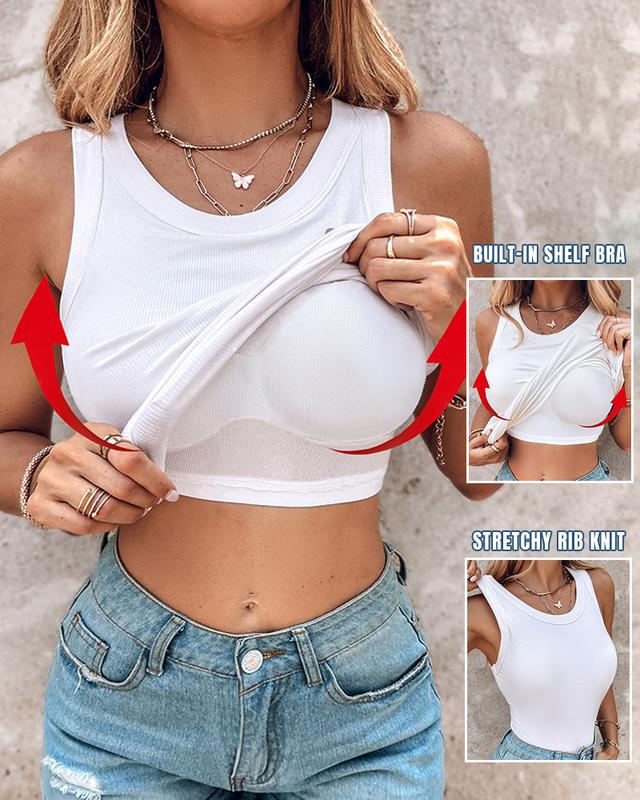 Naotstore - Round Neck Ribbed Tank Top With Built-in Bra