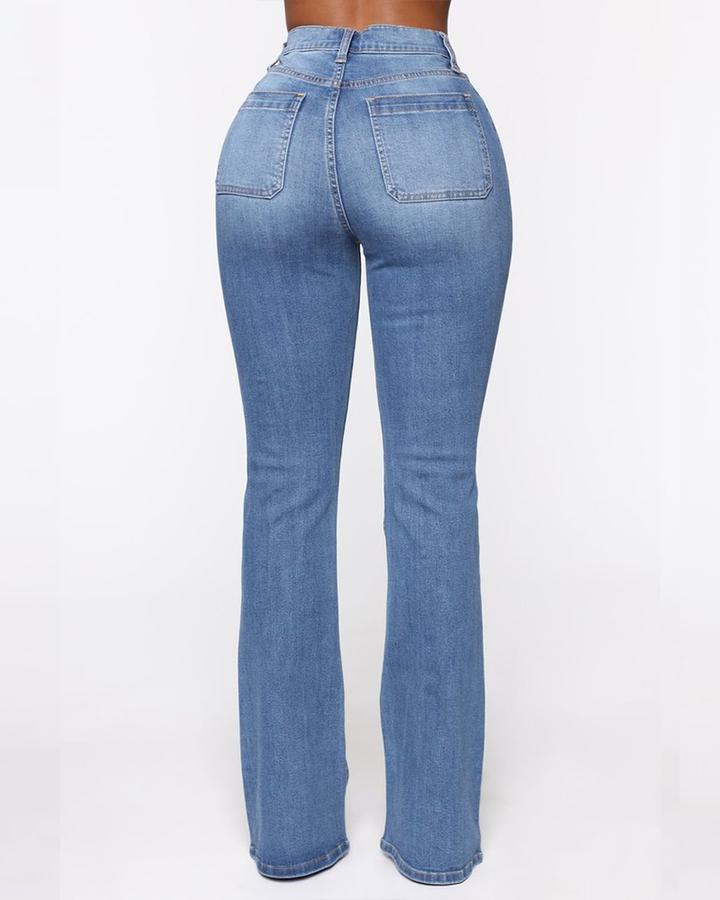 Naotstore - Button Fly Booty Shaping High Waist Flare Jeans