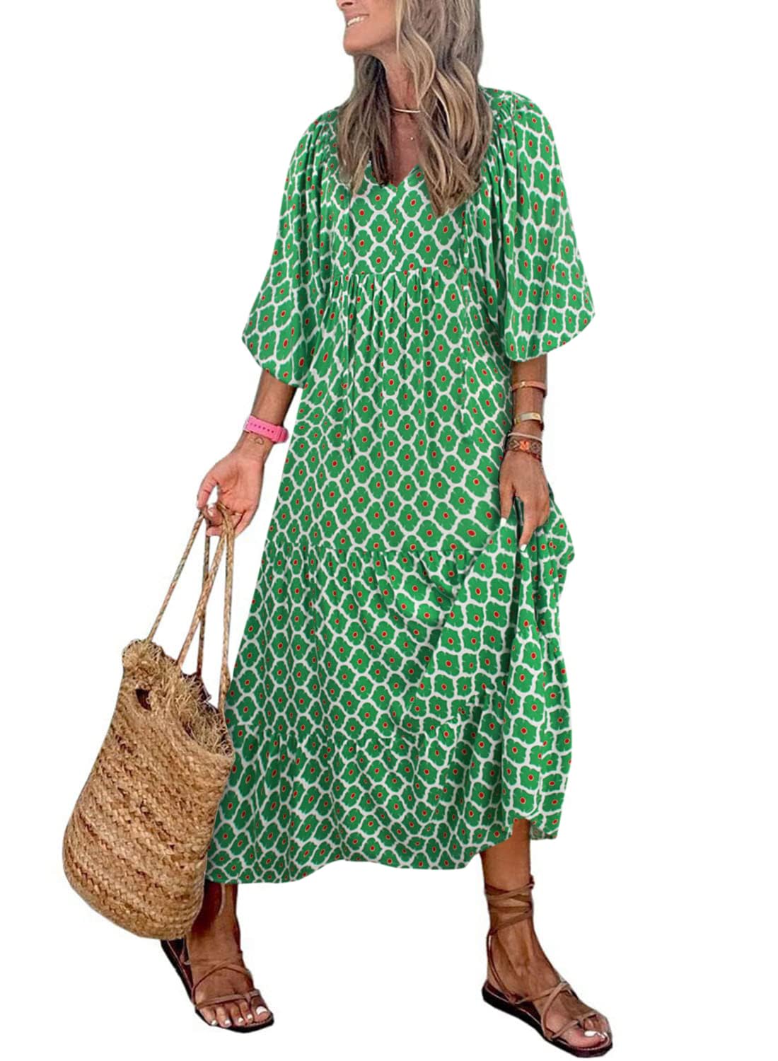 Naotstore - Women's Puff Sleeve Floral Boho Maxi Dress