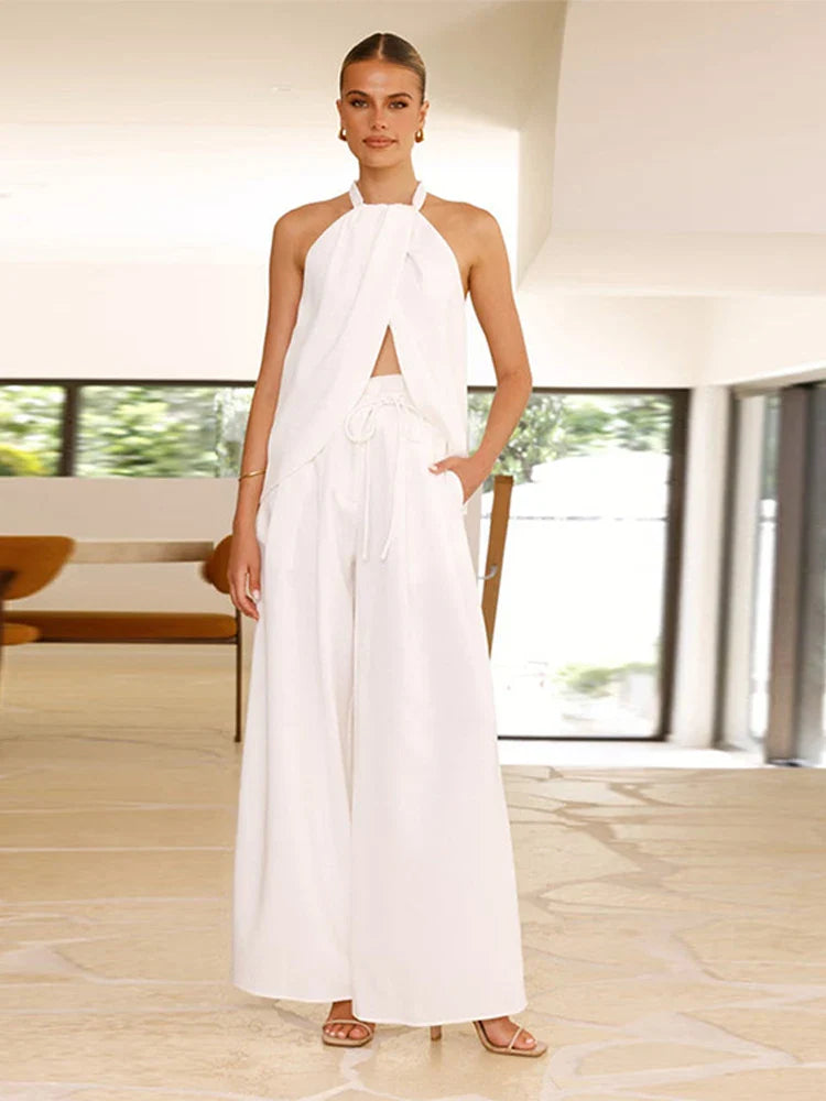 👚Summer sale 50% off 👚 - Hanging neck slit top and wide-leg pants set