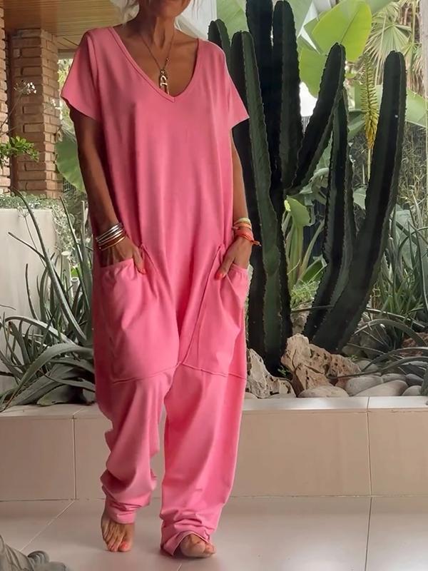Naotstore - Casual V-neck Solid Color Jumpsuit