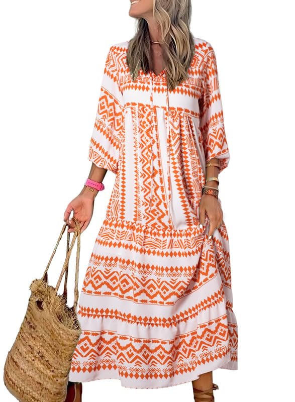 Naotstore - Women's Puff Sleeve Floral Boho Maxi Dress