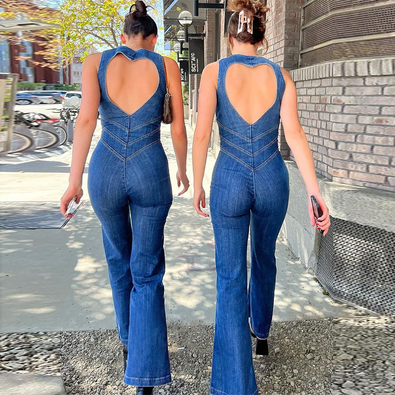 Naotstore - Heart Shaped Backless Denim Jumpsuit