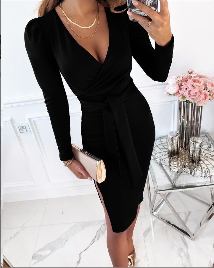 Naotstore - Women's Solid Color V-neck Tight Dress