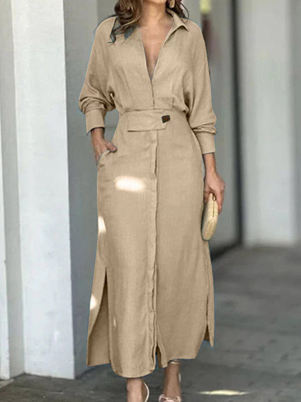 Naotstore - Fashion Cotton Linen Solid Color V-neck Dress